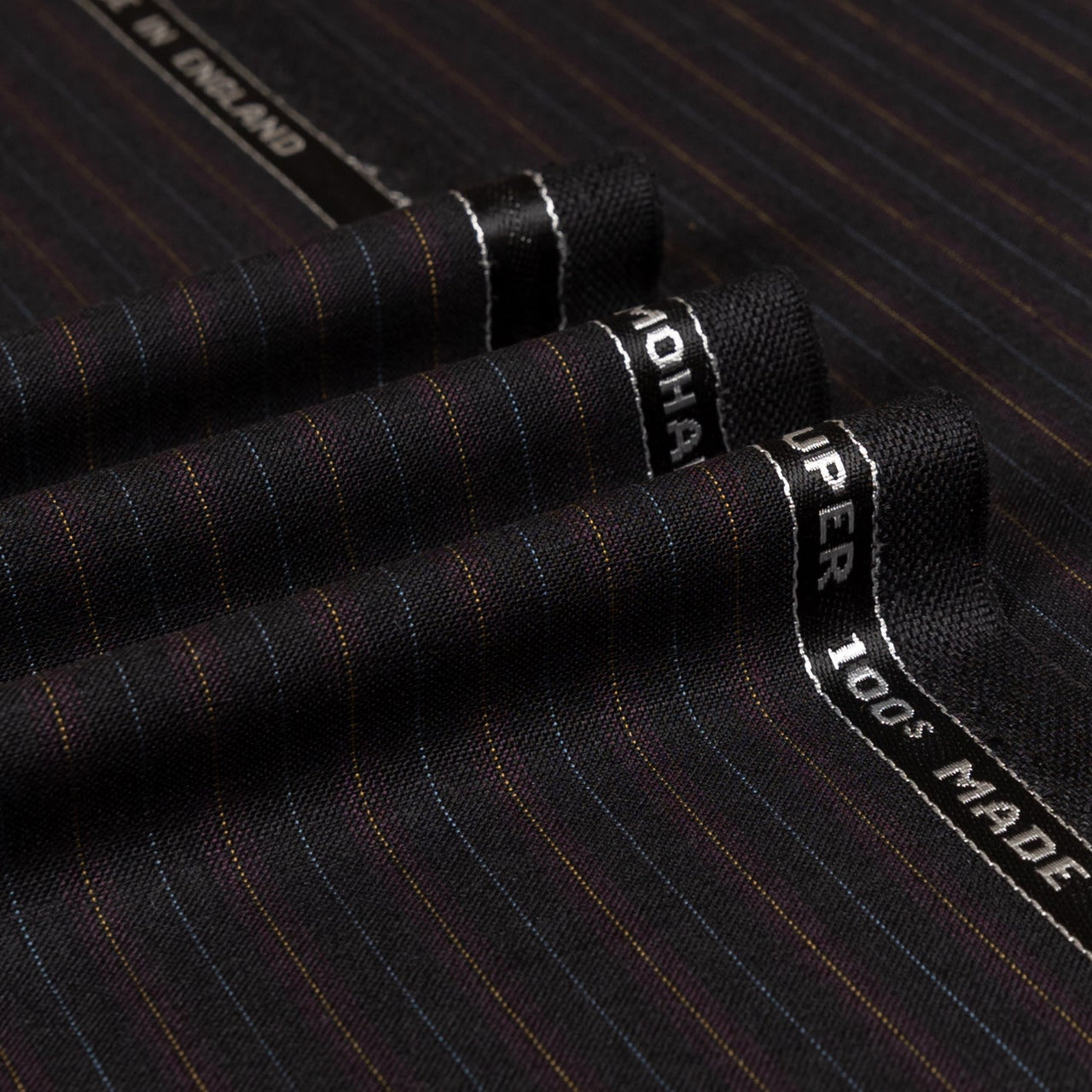 Black Colourful Stripe Kid Mohair Super 100's Wool Suiting Fabric