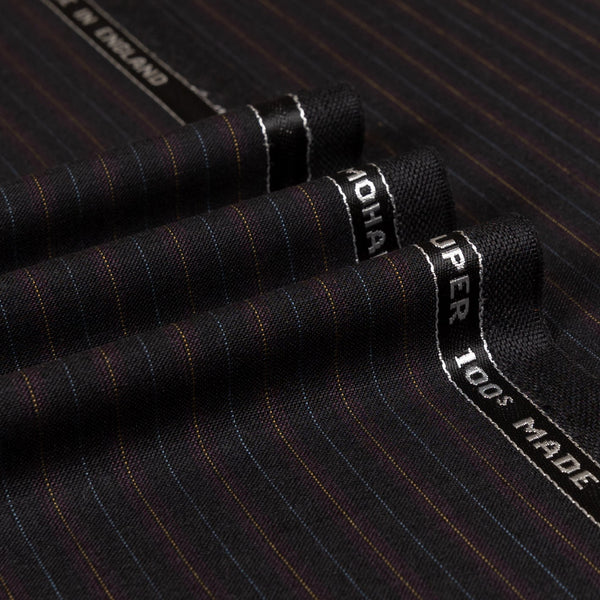 Black Colourful Stripe Kid Mohair Super 100's Wool Suiting Fabric
