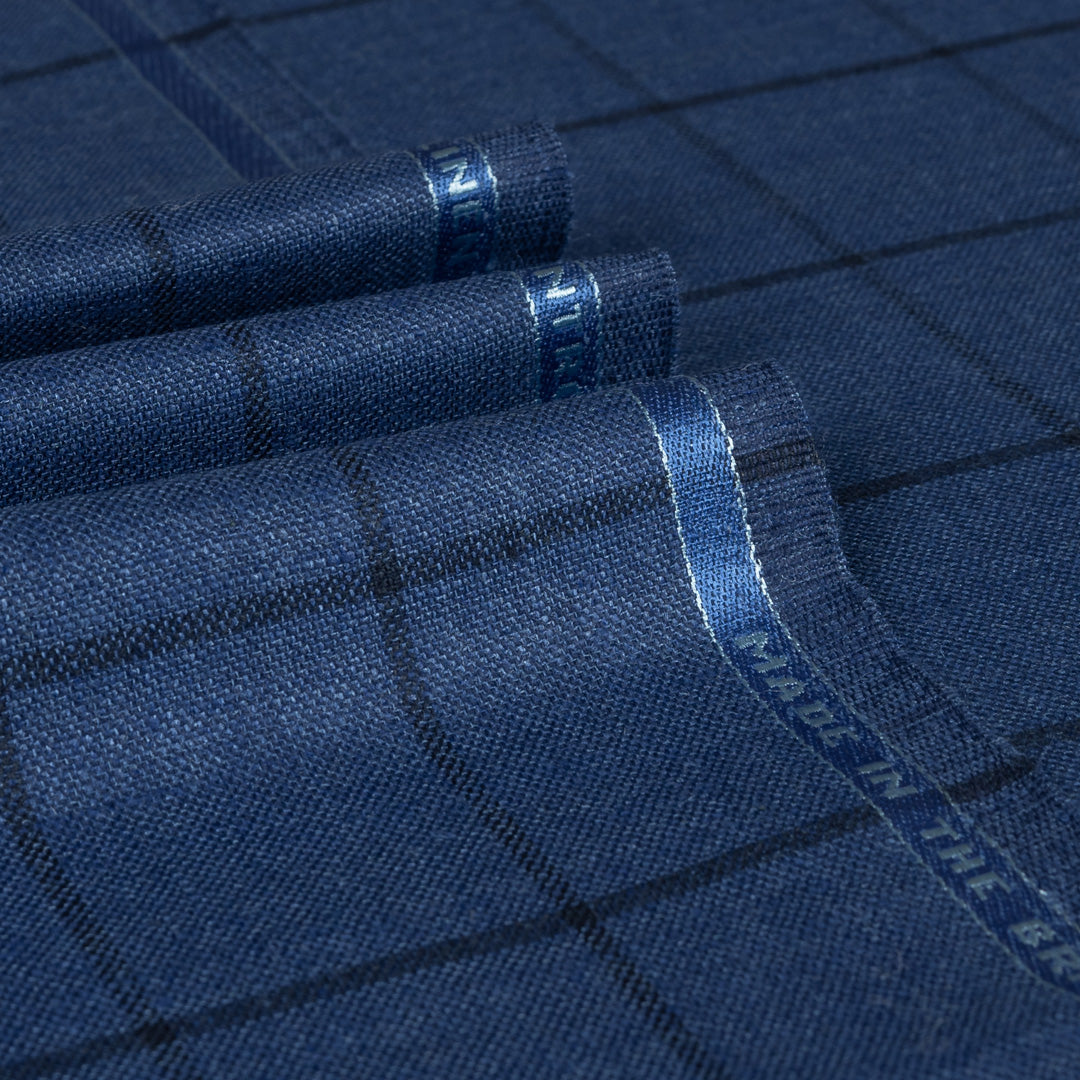 Blue Windowpane Wool Silk Linen Jacketing Cloth