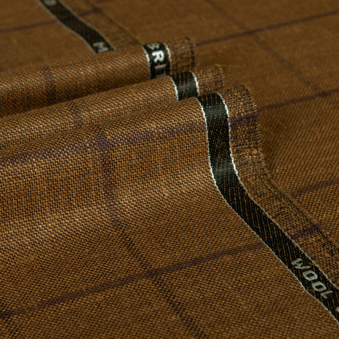 Brown Bold Windowpane Wool Silk Linen Jacketing Cloth