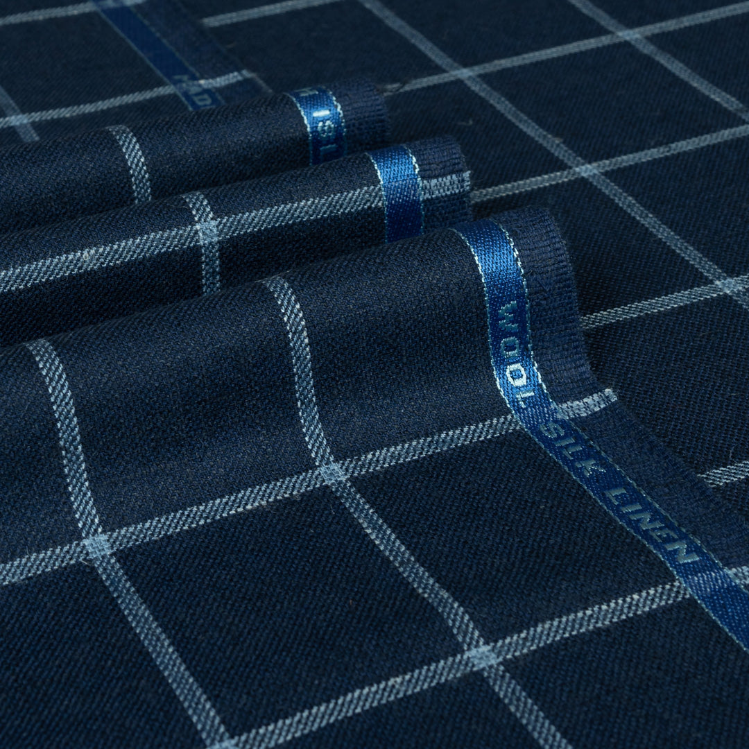 Navy Classic Windowpane Wool Silk Linen Jacketing Fabric