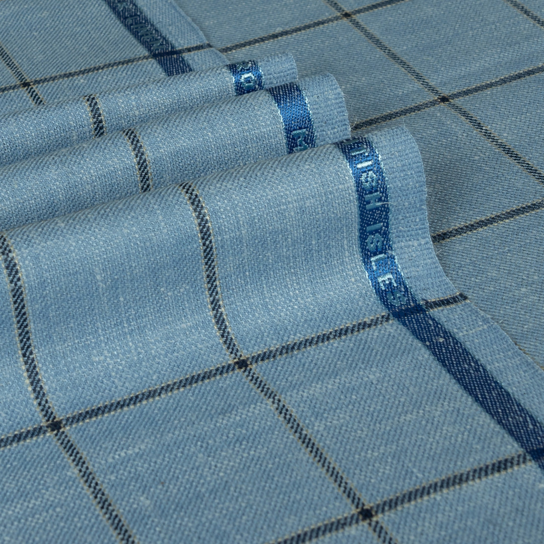 Pale Blue Classic Windowpane Wool Silk Linen Jacketing Fabric