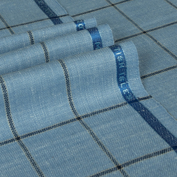 Pale Blue Classic Windowpane Wool Silk Linen Jacketing Fabric